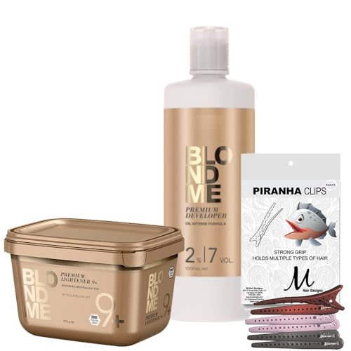 BlondeMe Lightener 9+ Premium Hair Bleach with BlondeMe 7 Volume Developer 1L and M Hair Designs Piranha Clips – Professional Hair Lightening Kit for Salon & Home Use