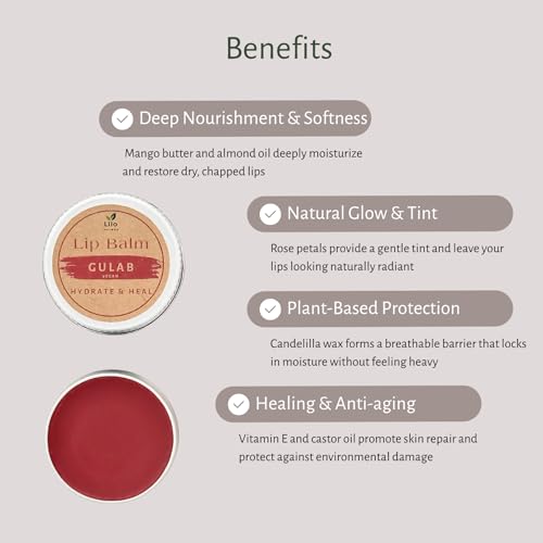 Image of Gulab Lip Balm for Pigmented & Chapped Lips | Enriched with Rose Geranium, Candelilla Wax & Almond Oil | Soothes, Repairs & Adds Pink Glow | All Natural, Handmade, Plant Based, Vegan and Chemical Free | 10 g | Pack of 2