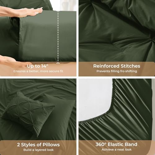 Image of Sasttie King Size Comforter Set, 7-Piece Bed in a Bag, Pintuck Bedding Sets for All Season, Includes Comforter, Flat Sheet, Fitted Sheet, Pillowcases and Pillowshams, Dark Green