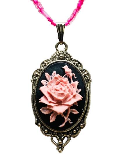 Black and Pink Rose Cameo Beaded Necklace
