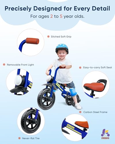 Image of KRIDDO 2-in-1 Kids Balance Bike and Kids Tricycle for 2 to 5 Year Old, Toddler Balance Bike with Detachable Pedals, Tricycles for 3-5 Year Olds with Stitched Soft Grip, Blue