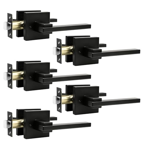 Image of Orger 5 Pack Privacy Door Handle Matte Black Keyless Interior Door Lock for Bed and Bath, Modern Door Lever with Square Rose Reversible for Left & Right, Stainless Steel Door Lever Handle