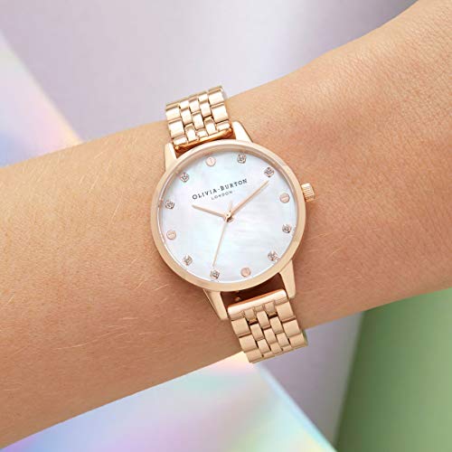 Image of Olivia Burton Classics Qtz Basic White Mother of Pearl & Stone & Stud Round Dial Women's Watch|Ionic Plated Rose Gold Steel Material|Rose Gold Color Band - OB16SE10