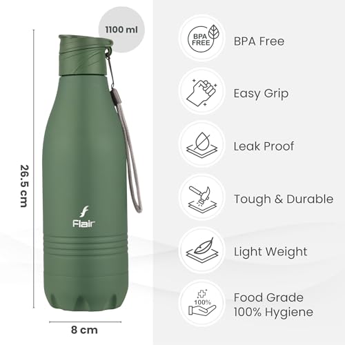 Image of FLAIR Champ DX 1100 ml Stainless Steel Water Bottle - Green | BIS Certified & ISI Marked | SS 304 Food Grade | Fridge Bottle, Durable & Reusable Bottle for Office, Gym & Travel