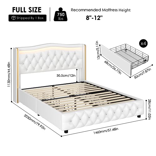 HIFIT Smart LED Platform Bed Frame with 4 Storage Drawers, Wingback Headboard, Modern White Upholstery, Easy Assembly