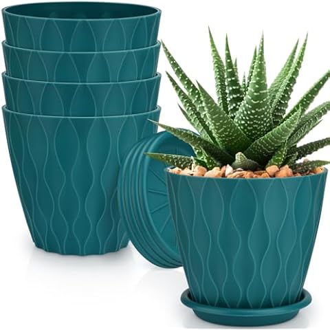 YNNICO 6 inch Plant Pots, 5 Pack Flower Pots Outdoor Indoor, Planters with Drainage Hole and Tray Saucer. Cover