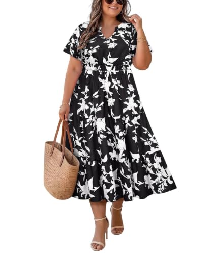 Image of TIYOMI Women Plus Size Dress Boho V Neck Short Sleeve Beach Maxi Dresses Floral /Stripe /Leaves /Lemon XL-5XL