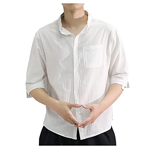 Generic Mens 3/4 Sleeve Shirts Summer Button Down Blouse Solid Color Cotton Linen Shirt Big and Tall Quick Dry Clothing White