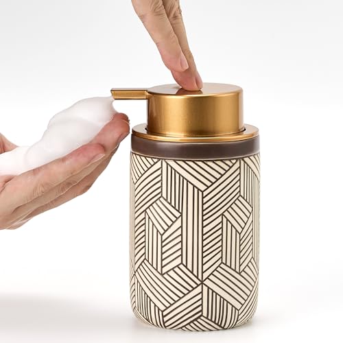 GIRLUFO Dispensador de jabón de espuma de cerámica, 350 ml, color marrón, dispensador de jabón de espuma para cocina, dispensador de jabón de espuma con cabezal grande para baño y cocina (dispensador