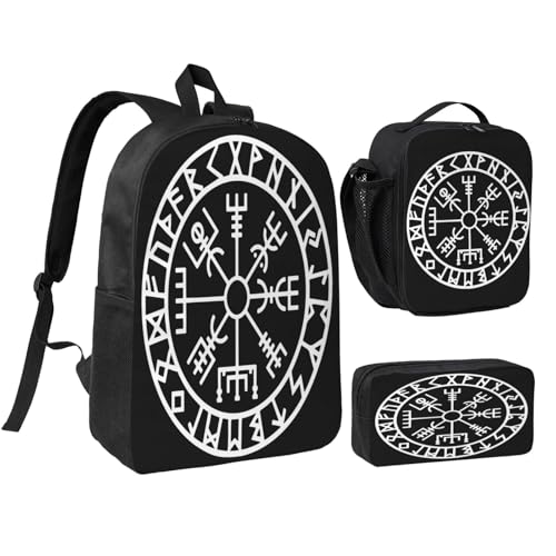 Vegvisir Nordic Viking Rune Compass Norse Germanic Mythology Symbol 17 Inch Backpack Sets Lunch Bag Lightweight Daypack for Men Women 3Pcs