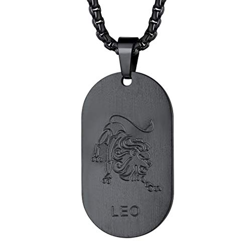 FaithHeart Collier pour Homme Acier Inoxydable Signe Astrologique Lion Pendentif Plaque Militaire Femme Noir Acier Inoxydable Médaille Zodiaque Idée Cadeau...