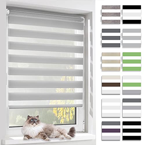BelleMax Doppelrollo Klemmfix ohne Bohren & mit Bohren, 80x140cm(BxH), Grau, Duo Rollo, Sonnenschutz lichtdurchlässig Blickdicht, Klemmrollo Fensterrollo, Rollos für Fenster und Tür