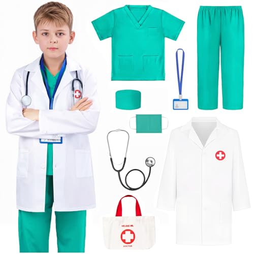 FOVIORZ Doctor Costume for Kids Scrubs Doctor Dress Up for Halloween Career Day Role Play Green