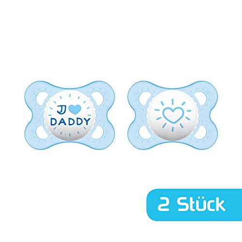 MAM I love Daddy - Juego de utensilios de silicona para bebé (0-6 meses, 2 unidades) azul-Instrucciones en lengua extranjera