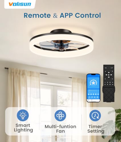 Image of VOLISUN Low Profile Ceiling Fans with Lights and Remote, 16in Fandelier Ceiling Fan Flush Mount, 3000K-6500K Smart Bladeless LED Fan Light, Black Modern Ceiling Fans with Lights for Bedroom