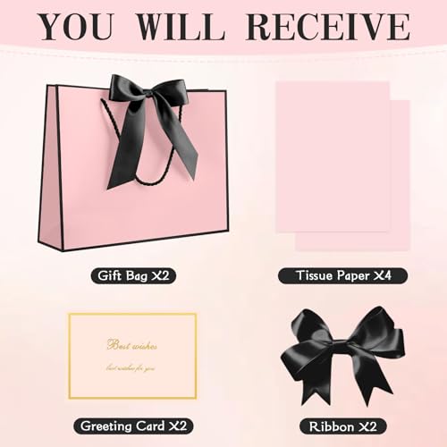 Image of JMANNI Gift Bags with Handles, 11'' Small Gift Bag for Presents, 2 Pcs Bags with 4 Tissue Paper and 2 Cards for Graduation Baby Shower Wedding Bridal Shower Mother's Day Birthday Party (Black-Pink)