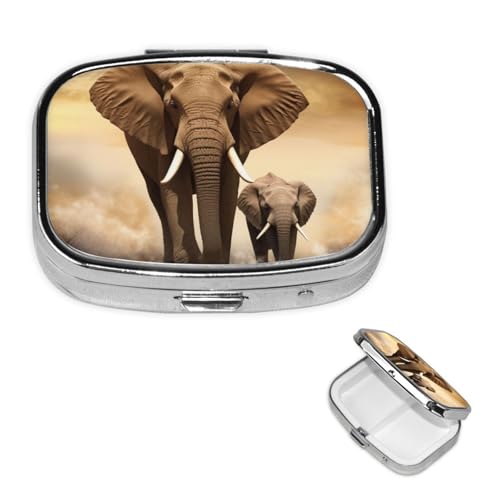 小さなピルケース2つのコンパートメント、象のピルボックス デイリーメタルポータブルピルオーガナイザー ポケットパース 旅行ピルボックス ミラースクエアメディシンビタミンホルダー付きユニークなギフト