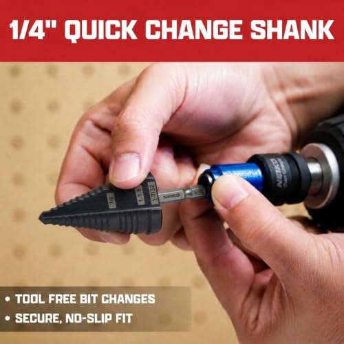 Image of NEIKO 10636B Step Drill Bit, 3 Steps 7 /8 inch to 1-7 /32 inch Straight M35 Cobalt, AlTiSiN Coated, 1 /4 inch Quick Change Step Bits for Steel, Metal, Wood, Plastic, Unibit Cone Drill Bits, Two Flute