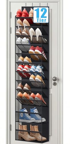 Soarine 12 Tier Over the Door Shoe Organizer for Closet, Holds 24 Pairs Hanging Shoe Rack for Door with Mesh Pockets, Narrow Shoe Holder Hanger for Sneakers, Boots (Black)