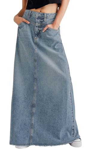 CHARTOU Women Vintage Denim Maxi Skirt Frayed Raw Hem High Waist ...