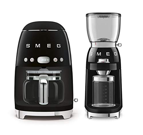 Smeg DCF02BLUS 50's Retro Style Drip Filter Coffee Maker Bundle with Smeg CGF01BLUS Coffee Grinder - Black