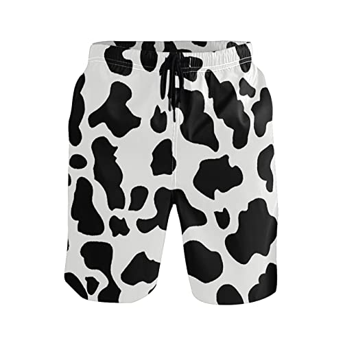 Men's Cow Print Shorts Drawstring Swim Trunks with Pockets and Mesh Lining