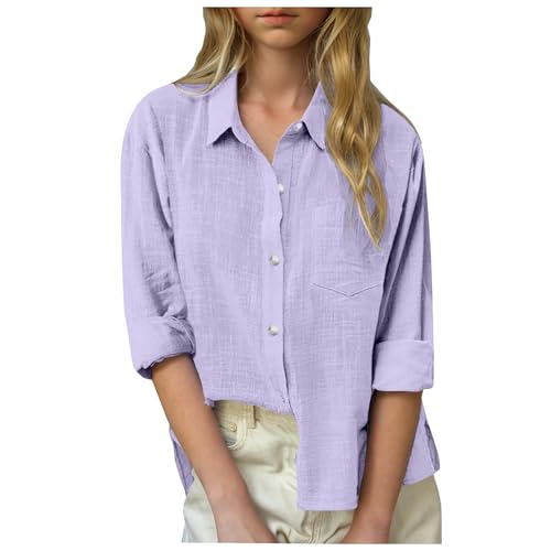 Linen Shirts for Teens Girls Long Sleeve Button Down Collared Dress Shirt Cotton Blouses Girls Tunic Tops Summer Clothes