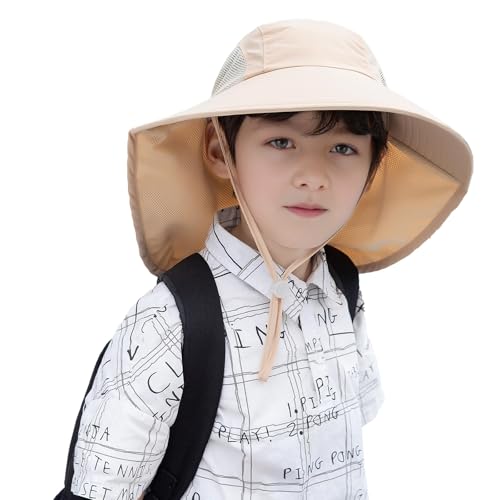 Image of Rosoz Kids Sun Hat with Neck Flap UV Protection Summer Toddler Beach Hat Unisex Ponytail Hat Wide Brim Fishing Hat
