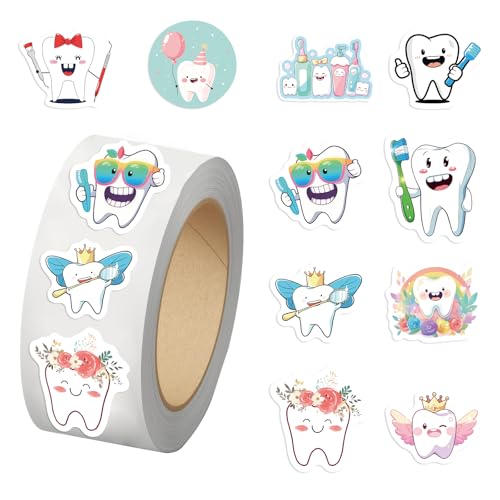 500PCS Teeth Stickers 10 Styles Sticker Rolls Tooth Party Favors Waterproof Vinyl Stickers(500 Per Roll)