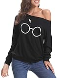 iClosam Damen Pullover Langarmshirt Baumwolle Sweater Harry Potter Brille Rundhals Locker Top Offshoulder Casual Sweatshirt S-XXL