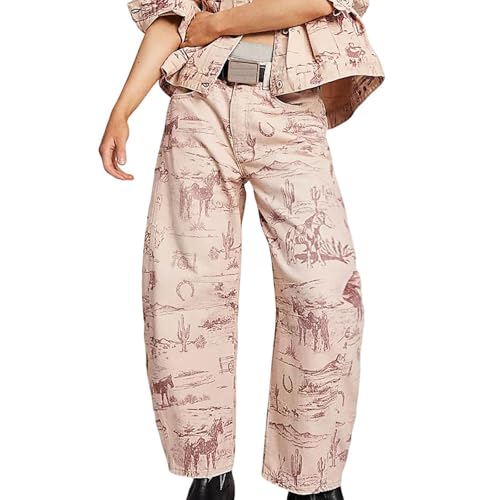 Barrel Jeans Women Floral Y2K Wide Leg Sweatpant Print Denim Boyfriend Baggy Low Rise Jeans