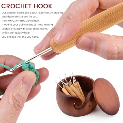 Image of Balana DIY Knitting Wool String Multifunctional Wooden Yarn Bowl Include 10 Crochet Hooks, Yarn Bowls with Lid for Knitting Crochet Yarn Ball Holder Handmade Yarn Storage Bowl, Dark browm, 22352197
