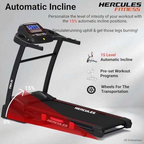 Image of Hercules Fitness TMA15 3.0 H.P D.C Motorized 15 Level Auto Incline Treadmill Max Speed 16 Km /Hr Max User Weight 120Kg Free Installation Assistance LCD Display Perfect Running Machine for Home Gym