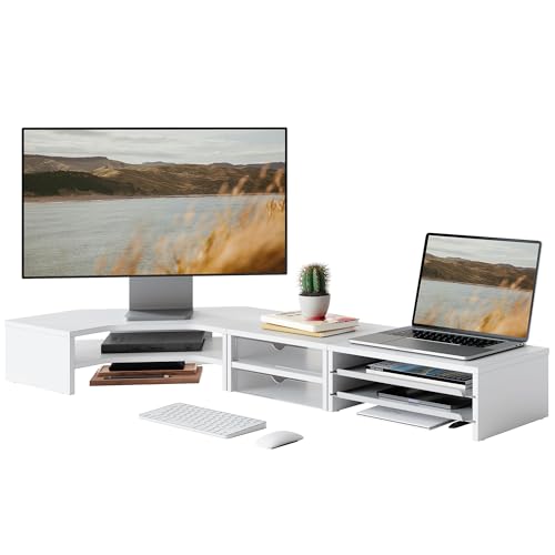 Fenge モニター台 卓上 パソコン台 机上台 デスクシェルフ 組み合わせ自由 2段 木製天板 幅111cm pc台 モニタースタンド ディスプレイ 台 デスク周り収納　整理整頓 多機能 (ホワイト)