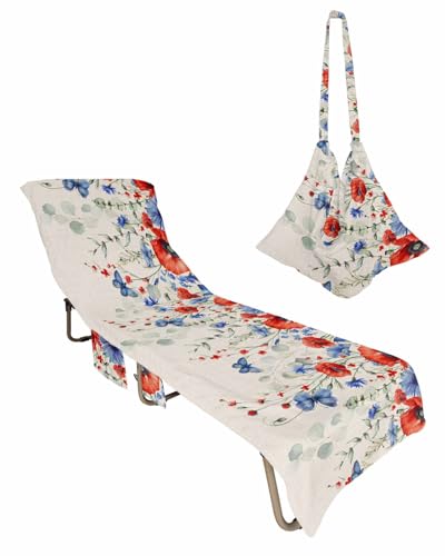 Blue Red Spring Floral Beach Lounge Chair Towel Cover, Soft Chaise Lounge Towel with Side Pockets Patio Pool Chairs Cover for Beach/Pool Sunbathing 29x85 4th of July Butterfly Botanical Rustic