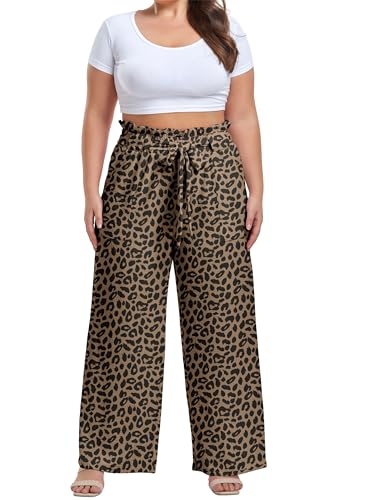 Image of OLRIK Women's Plus Size Pants Adjustable High Waisted Wide Leg Palazzo Pants Casual Trousers with Pockets Spring Clothes