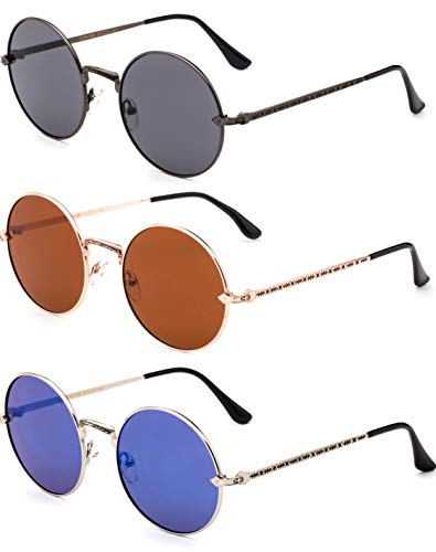 3 Pack Round Metal Frame Circle Rim Vintage Fashion Sunglasses for Women for Men2