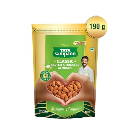 Image of Tata Sampann Classic Salted & Roasted Almonds /Badam, Flavourful & Crunchy Snack, Handpicked, Salted & Slow Roasted Almonds, Rich in Protein, Magnesium, and Phosphorus, No Artificial Colours, Preservatives & Flavours, 190g