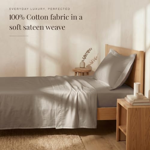 Image of Huesland Premium Pure Cotton Sateen Weave 300 Thread Count Bedsheet for Single Bed with 2 Pillow Covers | Dessert Taupe | 88 x 55 inches