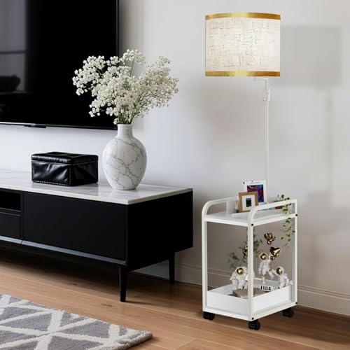 Image of Lightdot 63IN Floor Lamps with Table&Basket, Modern Standing Tall Lamps with Adjustable Fabric Shade and Movable Casters, End Table Lamp for Living Room /Sofa Beside /Corner Decor-White(Bulb Included)