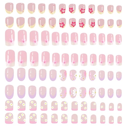 96 PCS False Nails Waterproof Durable Press on Nails for Kids Flower Fake Nail Stickers Self Adhesive Nail Art Kit for Parties Halloween Daily Wear