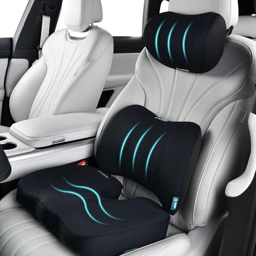 Image of FLORICH 3 PCS Seat Cushion for Carseat Lumbar Support Pillow Car Neck Headrest Pillows Memory Foam Gel Memory Foam Massage Point Seat Pads Pressure Relief Back Cushion for Office Chair(Black)