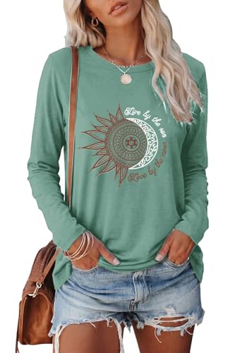Teesho Damen Tshirt Langarm Rundhals Oberteile Basic Shirts Casual Longshirt Drucken Pullover Herbst Tops TunikaGrauGrün/XL