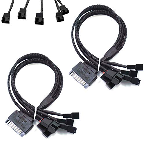 Image of 2Pack 15-Pin Male SATA to 5 Fan 12V Sleeved Power Adapter Cable SATA to 3 Pin / 4 Pin PMW PC Case Fan Power Adapter Cable,Computer Cooler Cooling Fan Splitter Y Power Cable 10.6 inches