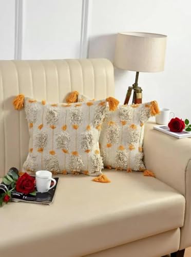 Image of Cushion Cover Pack of 4 (16x16 Inches) | Cotton Textured Decorative Throw Pillow Case for Sofa Bed Living Room Tufted Cushion Cover with Tassels (Offwhite-Yellow)