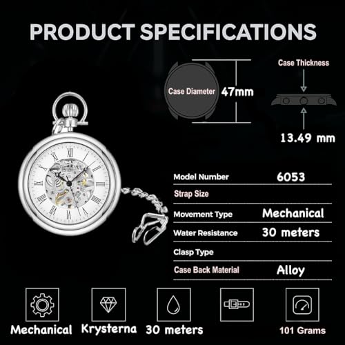 Stuhrling Original Men's Pocket Watch Stainless Steel Analog Skeleton Watch Hand Wind Mechanical Movement Stainless Steel Chain