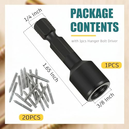 Image of Hicarer 20 Pack 3 /8-16 x 4 Inch Hanger Bolts Double Headed Bolts with Driver Self Tapping Screw Threaded Rod Screws for Furniture Double Headed for Wood Furniture Joint