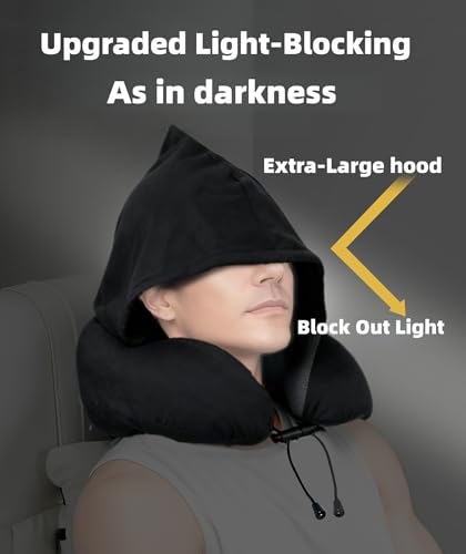 Image of Travel Neck Pillow with Extra Large Hood Rollable Airplane Hooded Neck Pillow with Memory Foam Filling and Removable, Skin-Friendly Cover with Carrying Case & Pouch (Velvet)