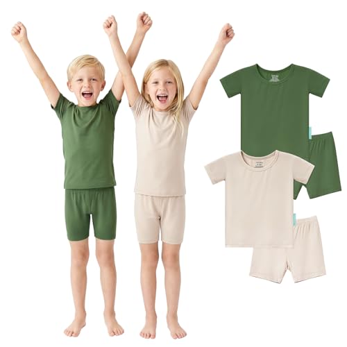 PurComfy Short Sleeve Toddler Pajama Set, 4-Piece Bamboo Viscose Unisex Sleepwear, Baby Boys Girls Sung Fit Summer Clothes 2T Oat & Forest