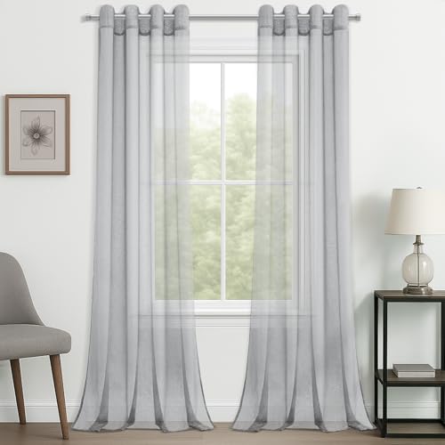 CUTEWIND Schlafzimmer Gardinen und Vorhänge Leinenoptik Gardinen Grau mit Ösen Vorhang Wohnzimmer Transparent Gardine Schal Ösenvorhang 2er Set, 245 cm Lang, 140 cm Breit